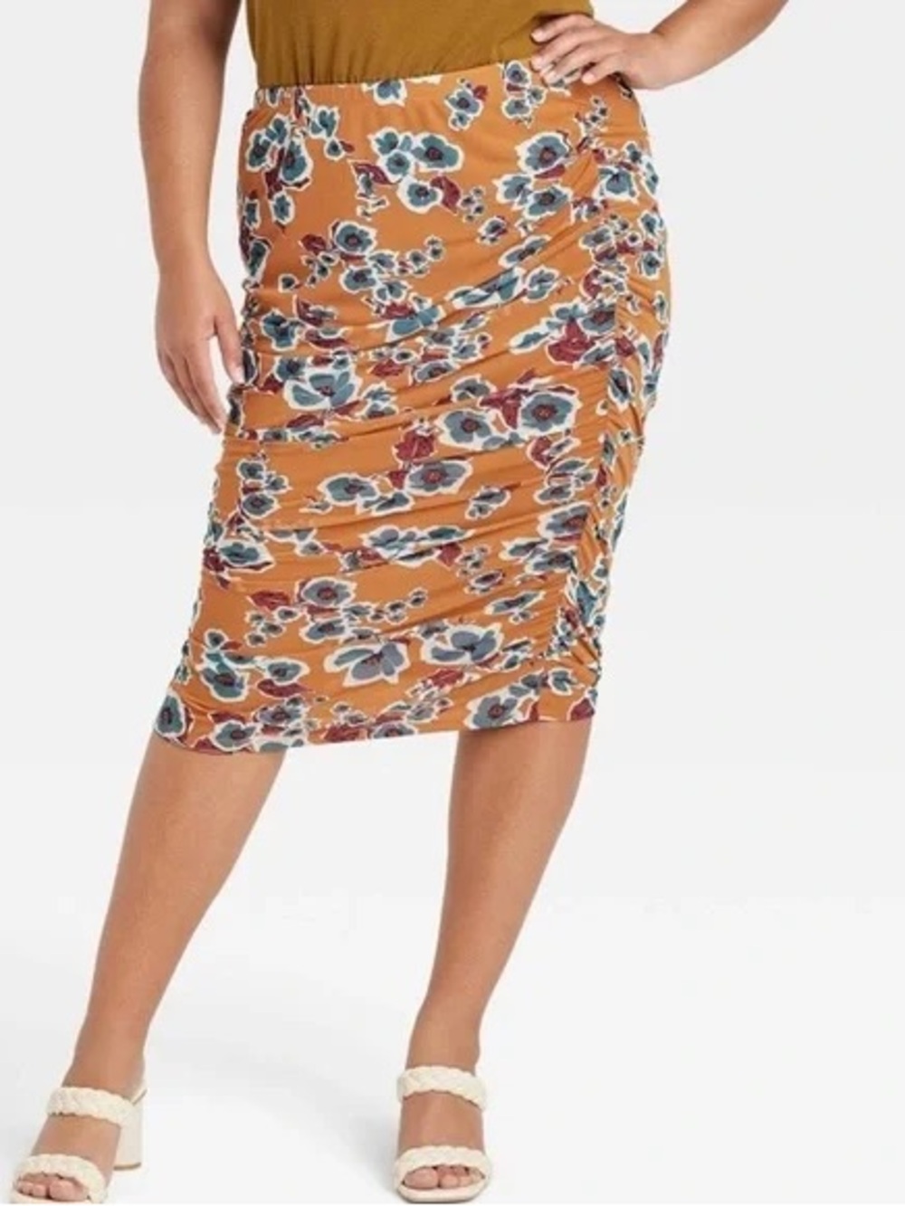 Ava & Viv Mustard Floral Ruched Midi Skirt